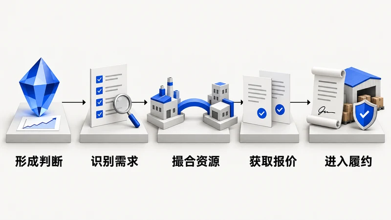形成判断 → 识别需求 → 撮合资源 → 获取报价 → 进入履约