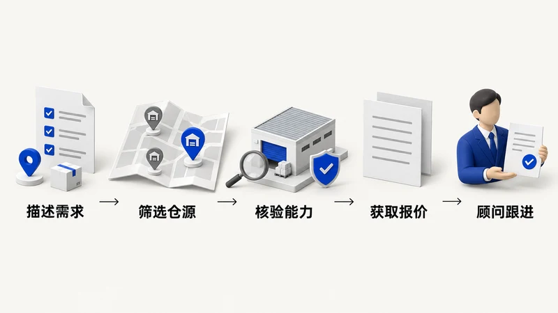 描述需求 → 筛选仓源 → 核验能力 → 获取报价 → 顾问跟进