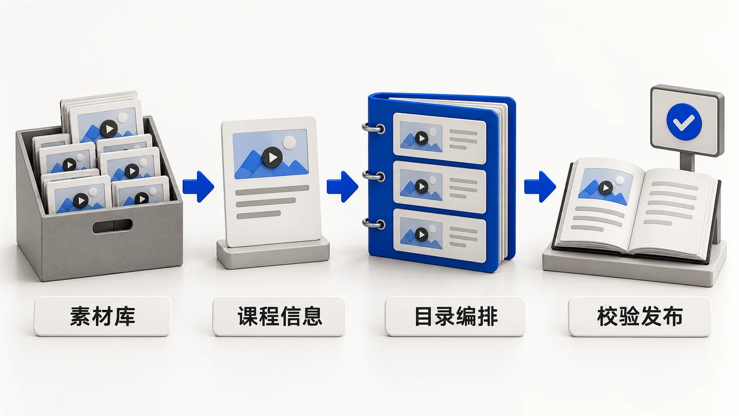 51CTO课程发布系统重构业务示意：素材库，课程信息，目录编排，校验发布