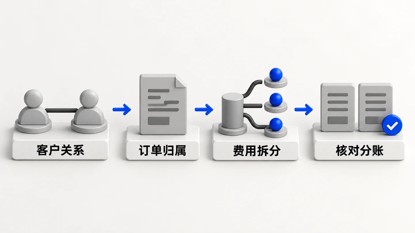 分销与平台服务费结算业务示意：设置分销规则，订单归属，佣金与服务费，核对分账