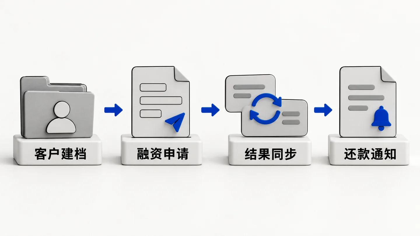 华融E链邮储银行对接业务示意:客户建档,融资申请,结果通知,还款同步