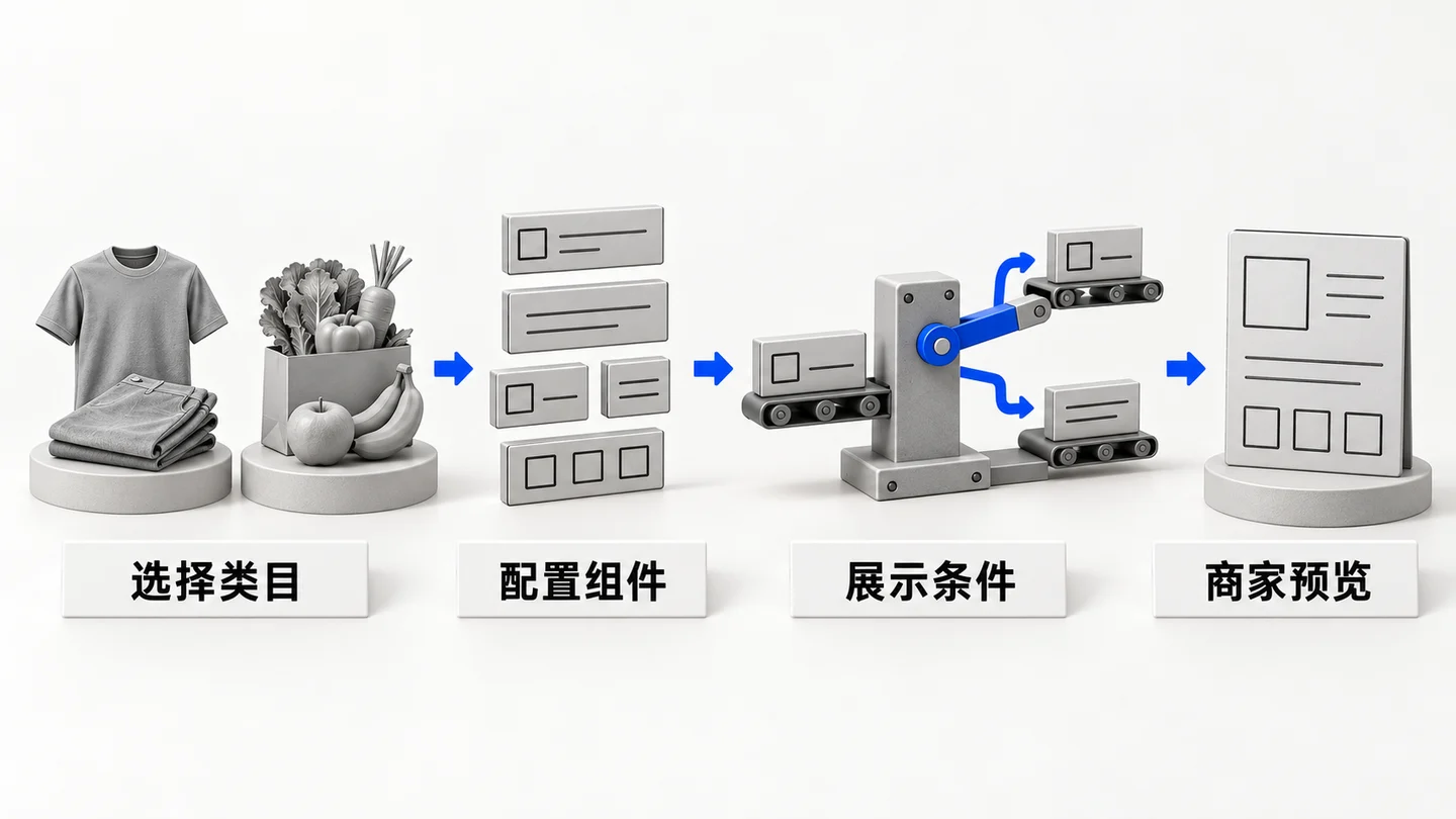 京东POP商品发布组件化：选择类目，配置组件，设置展示条件，商家预览