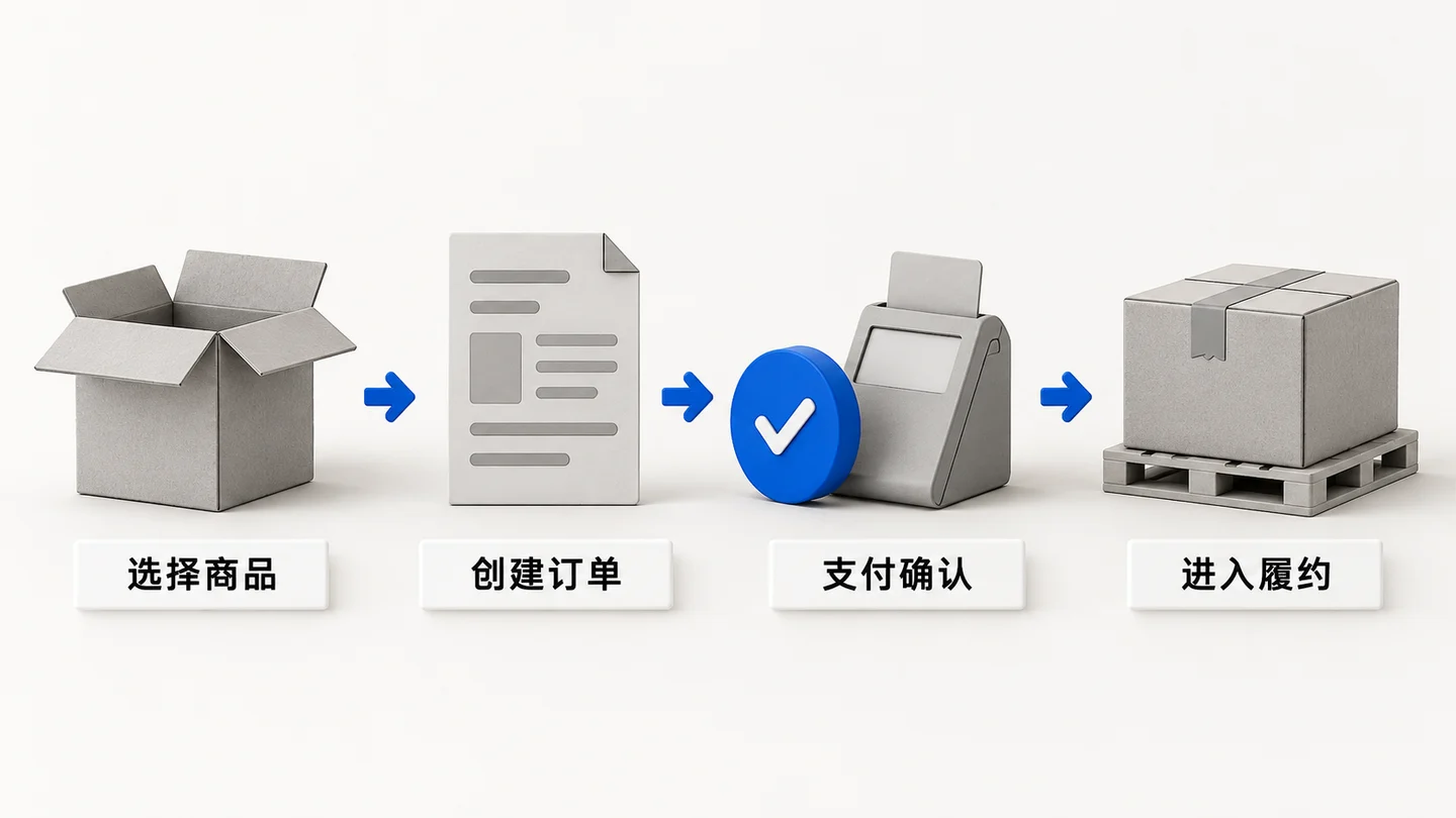 丝路通盈B2B交易平台业务示意：选择商品，创建订单，模拟支付，结算查看